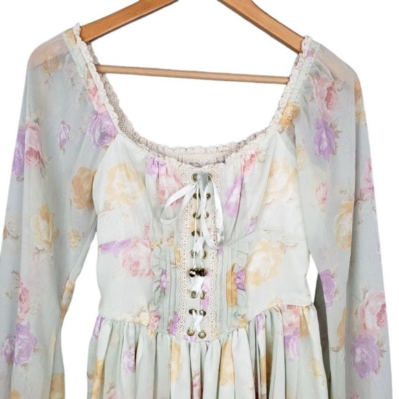 Liz Lisa Green Floral Lace Up Sheer Mini Dress Lolita Cottagecore Kawaii Small - Picture 4 of 8